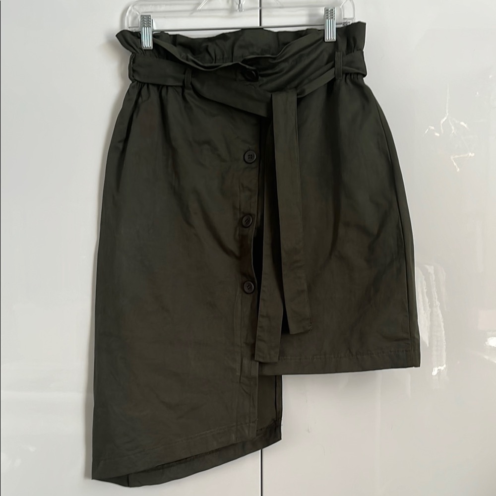 CRISTINA LEI DARK Green Asymmetrical Paper-bag Waist Cotton Midi Skirt, Size M